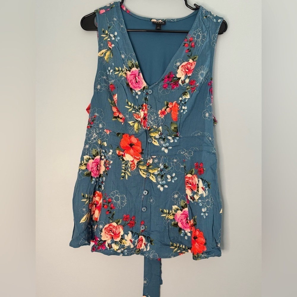 Torrid Womens Top 1X Plus Tank Blue Floral Faux Buttons Tie Back - Picture 3 of 9